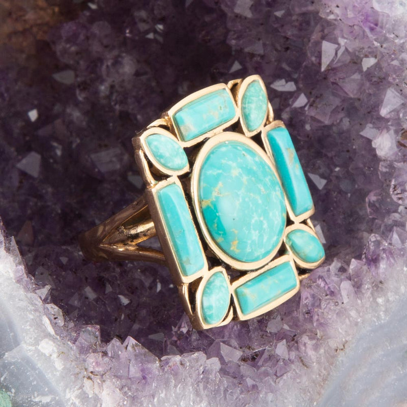 Deco Green Turquoise and Golden Statement Ring - Barse Jewelry
