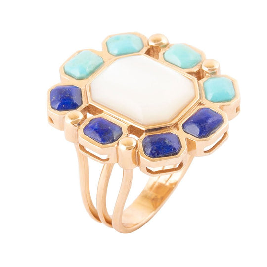 Dual Color Blue Lapis Turquoise and White Mother of Pearl Golden Ring