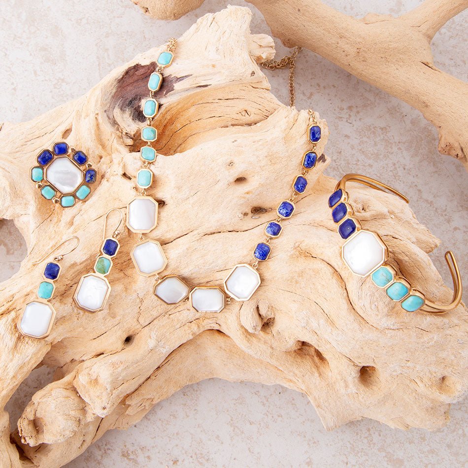 Dual Color Blue Lapis Turquoise and White Mother of Pearl Golden Cuff Bracelet - Barse Jewelry