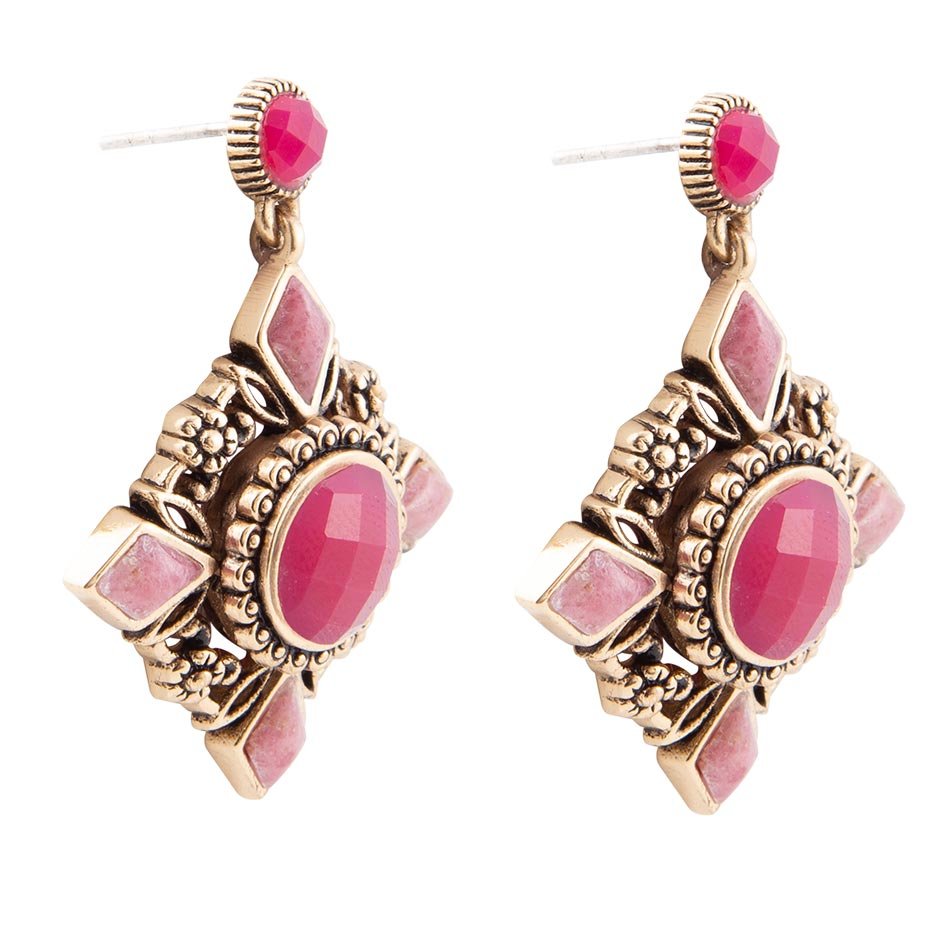 Embellished Pink Quartz Golden Post Drop Earrings - Barse Jewelry