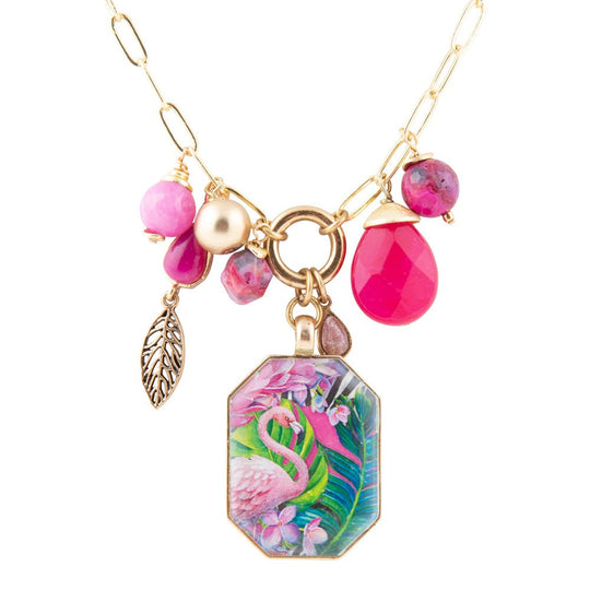 Flamingo Pink Agate Golden Pendant Necklace