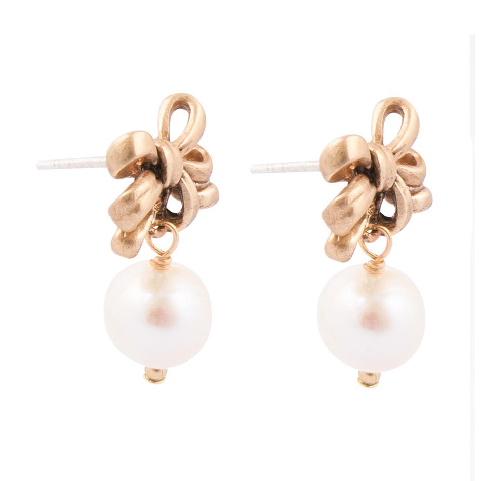 Gifted Freshwater Pearl Bow Golden Drop Earrings - Barse Jewelry