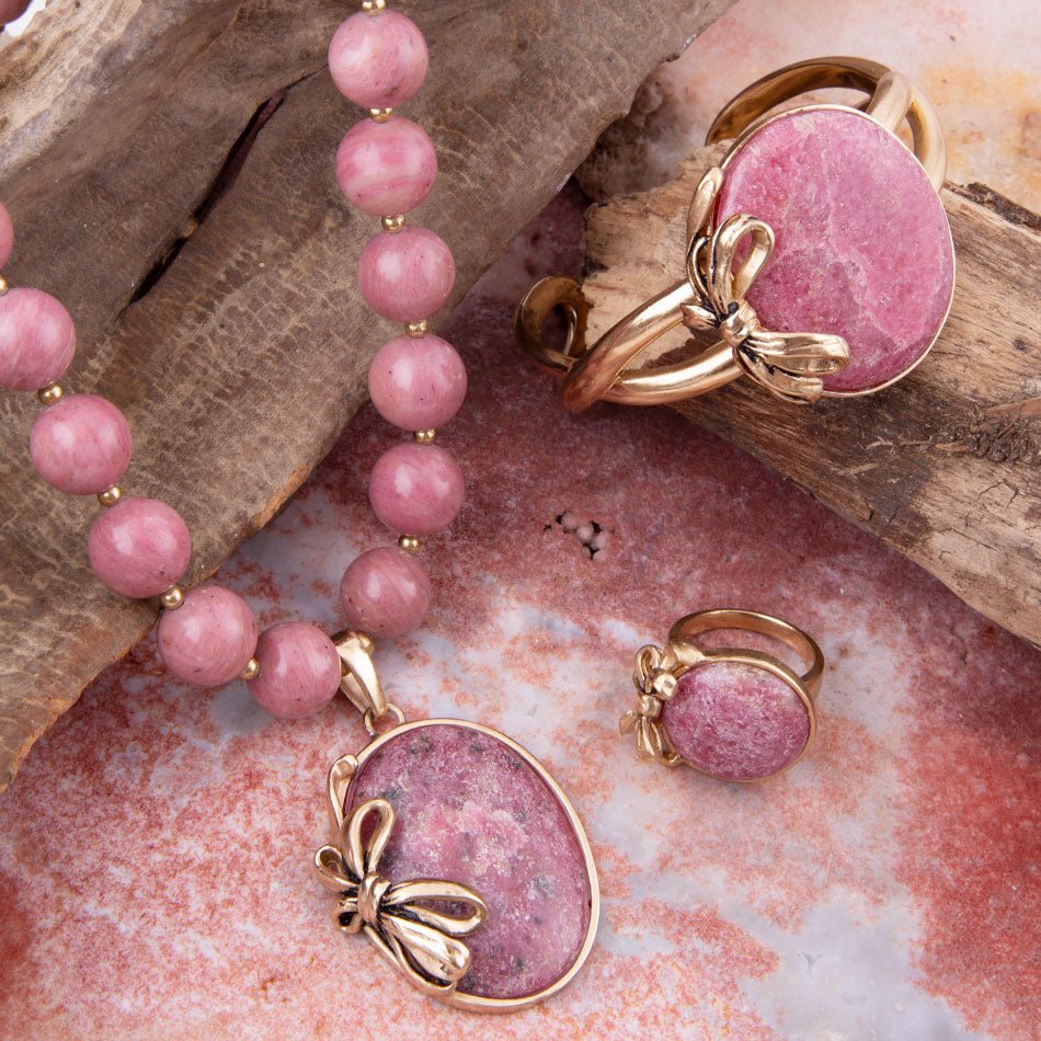 Gifted Pink Rhodonite Gold Bow Beaded Pendant Necklace - Barse Jewelry