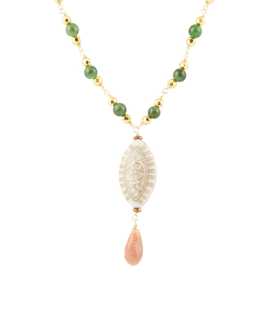 Green Jade and White Golden Pendant Necklace