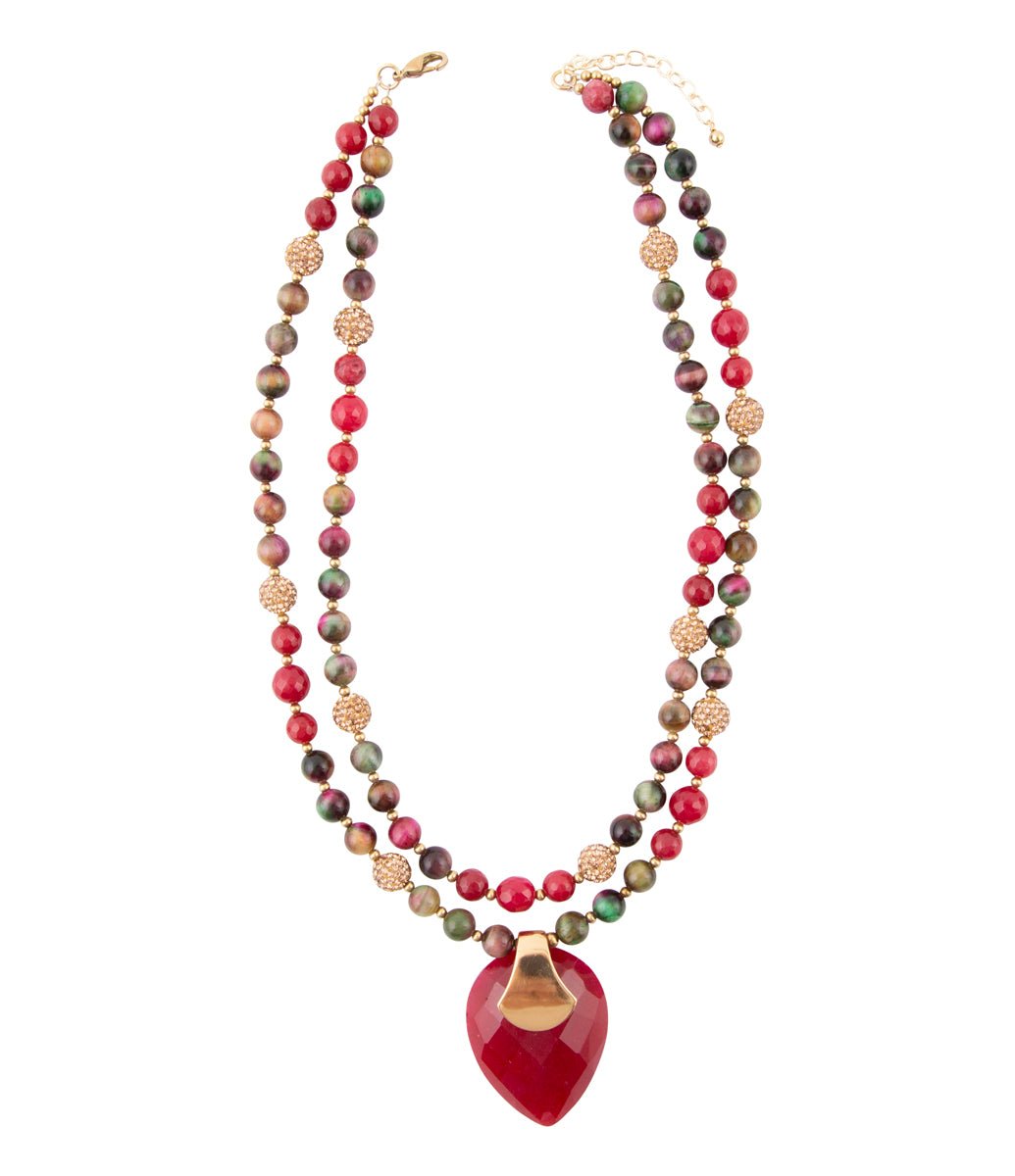 Jeweled Multi - Color Tiger's Eye and Rasberry Quartz Pendant Golden Necklace - Barse Jewelry