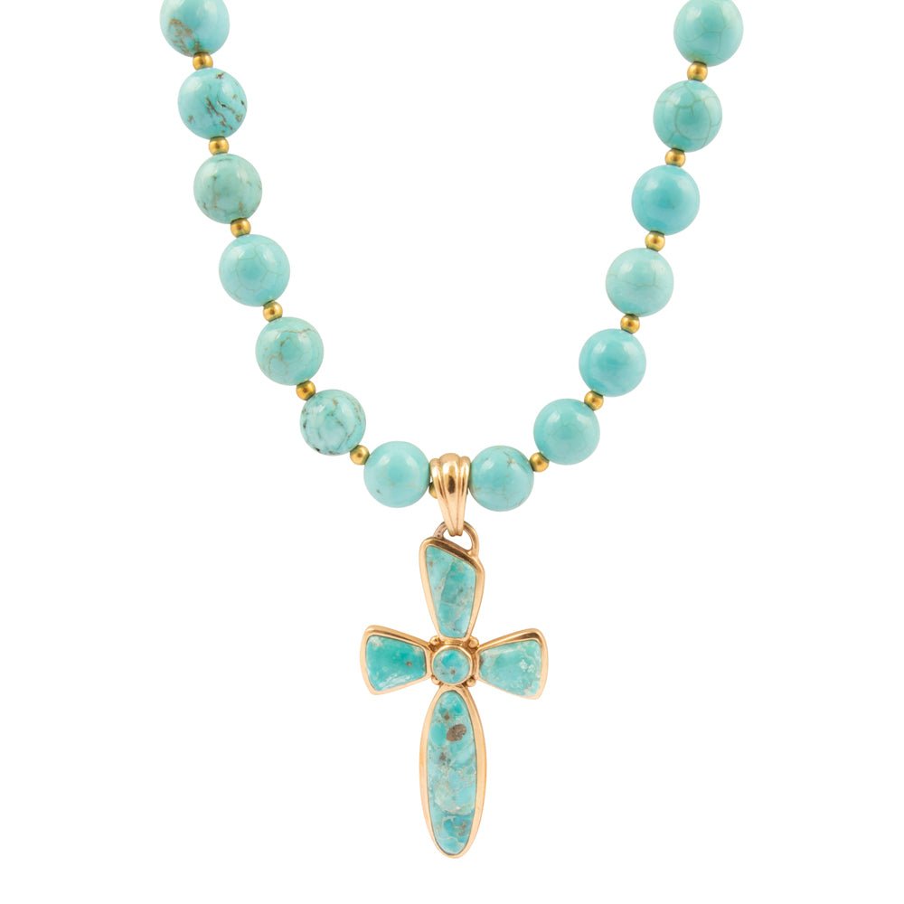 Las Cruces Blue Turquoise Cross Golden Pendant Necklace – Barse