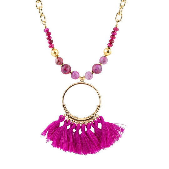 Pink Magenta Dreams Agate Tassel Golden Necklace