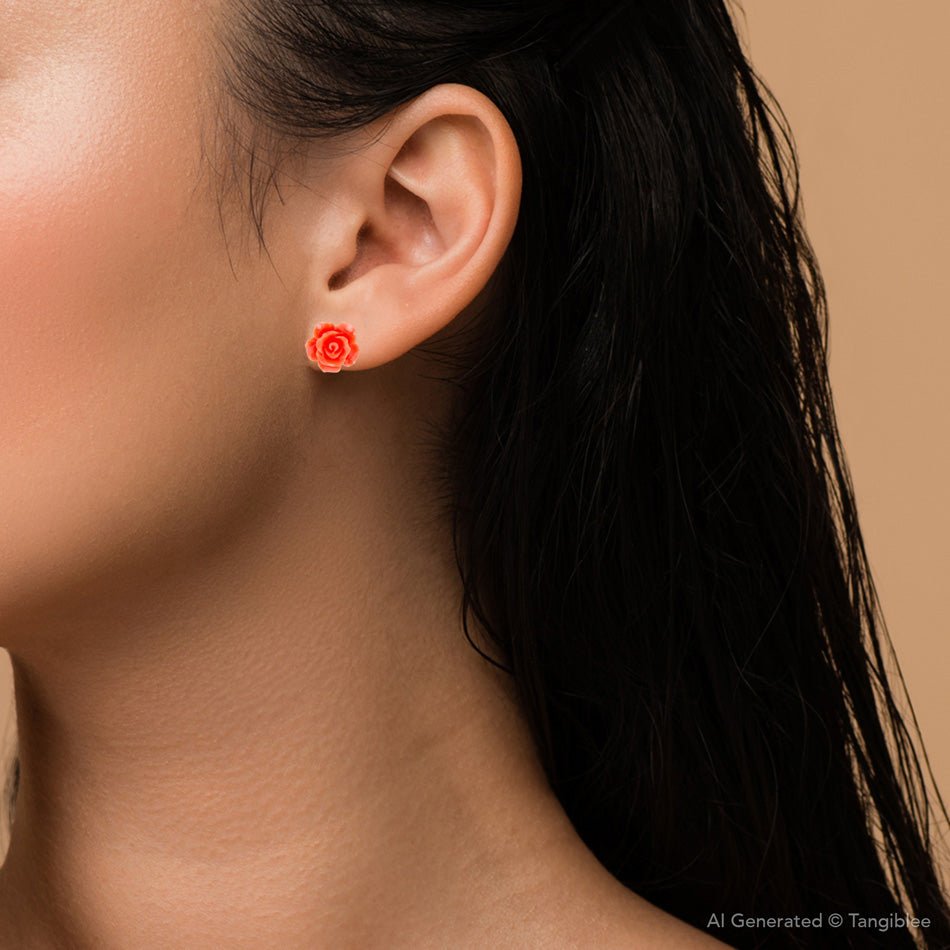 Orange Coral Rose Post Stud Earrings - Barse Jewelry