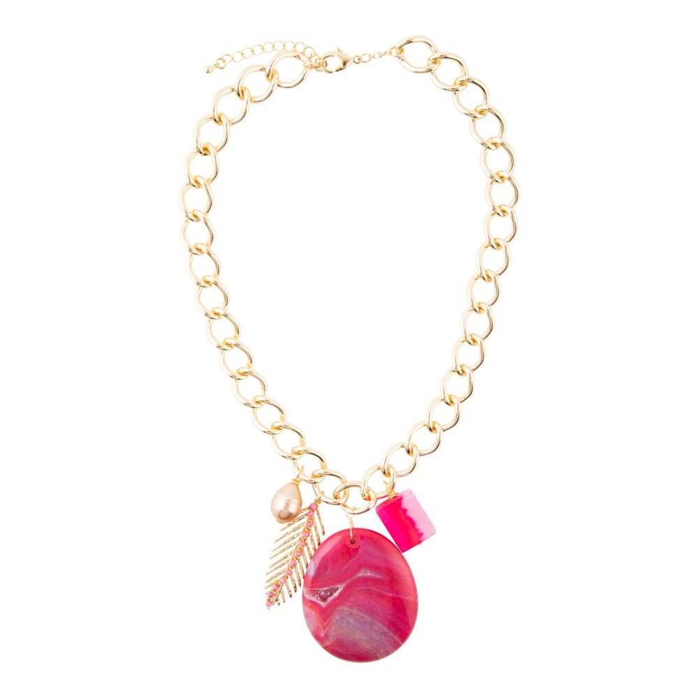 Peony Fuschsia Pink Agate Golden Charm Necklace - Barse Jewelry
