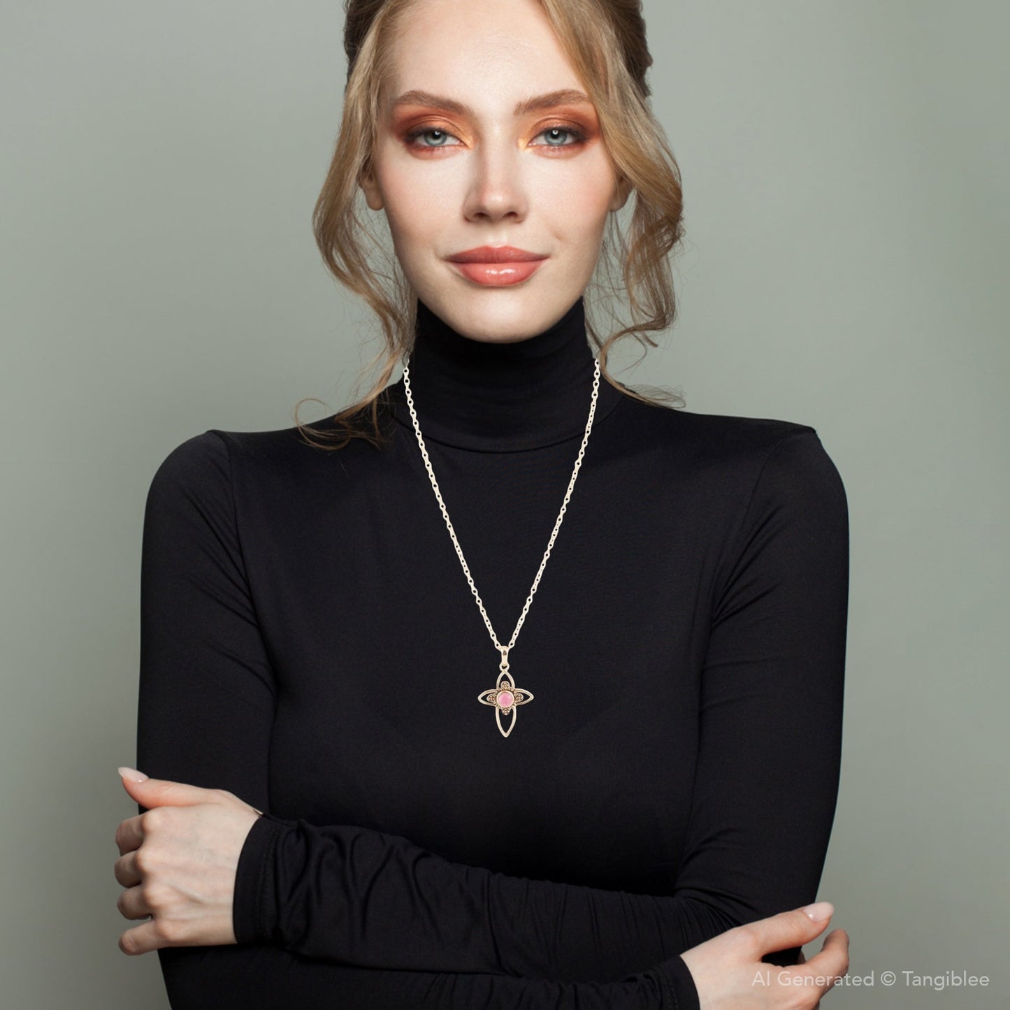 Pink Rhodonite Golden Cross Pendant Necklace - Barse Jewelry
