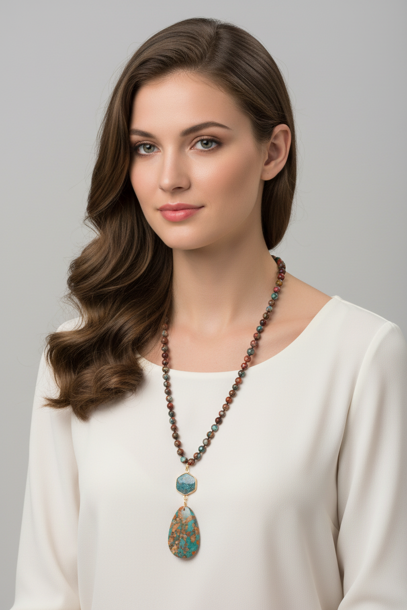Rainbow Jasper Long Pendant Necklace on Model