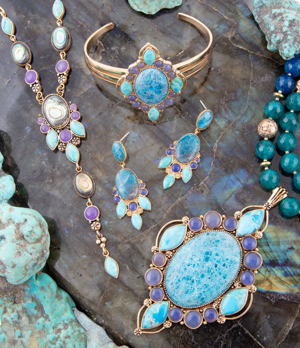 Regal Blue Apatite Mixed Stone Golden Cuff Bracelets - Barse Jewelry