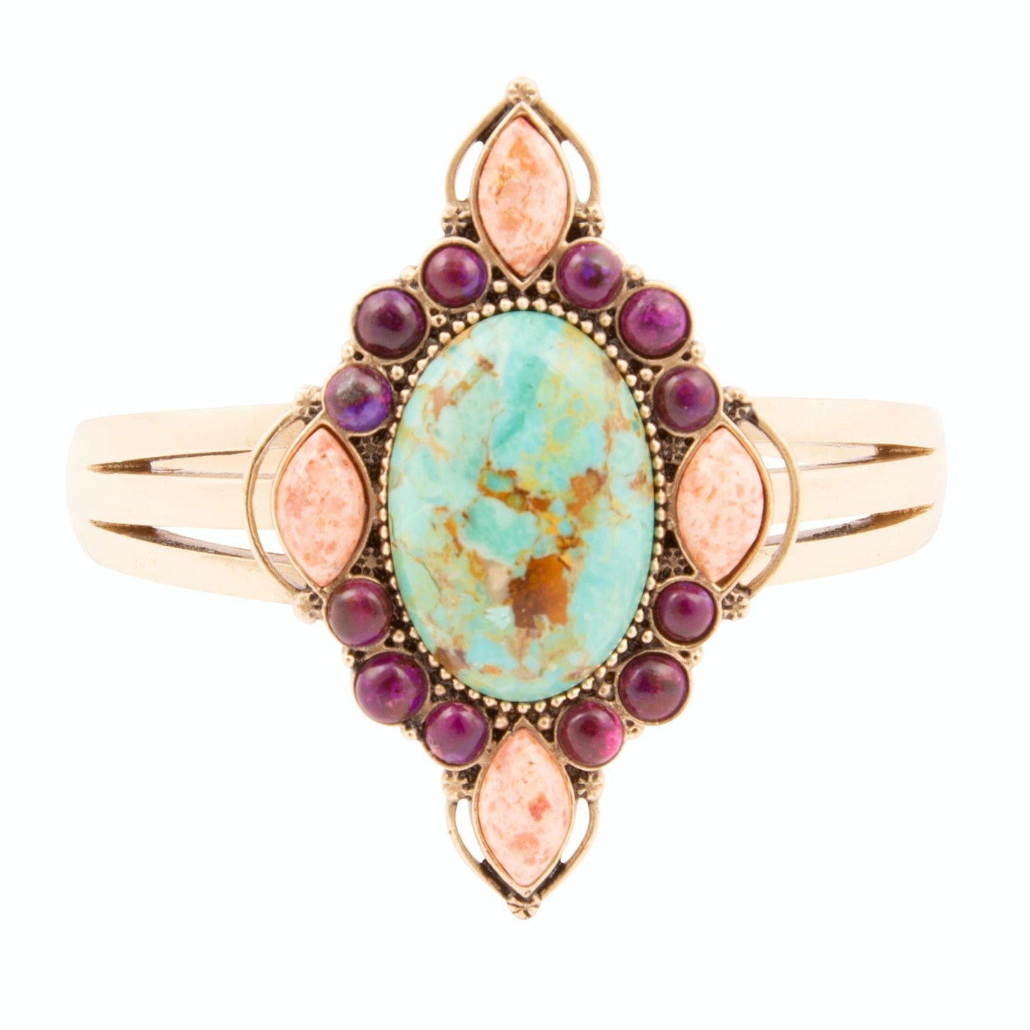 Regalia Blue Turquoise Purple and Orange Coral Golden Cuff Bracelet - Barse Jewelry