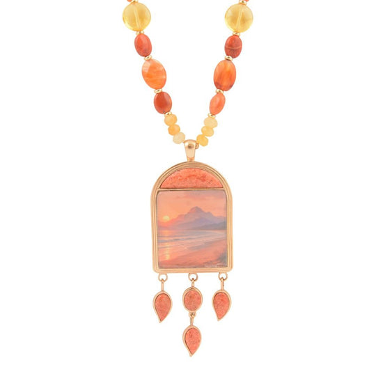 Scene Sunset Orange Sponge Coral Golden Pendant Necklace