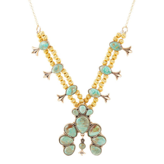 Squash Blossom Statement Blue Turquoise Golden Necklace