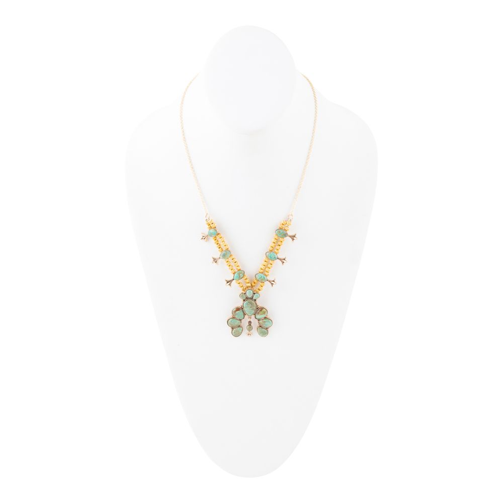 Squash Blossom Statement Blue Turquoise Golden Necklace - Barse Jewelry