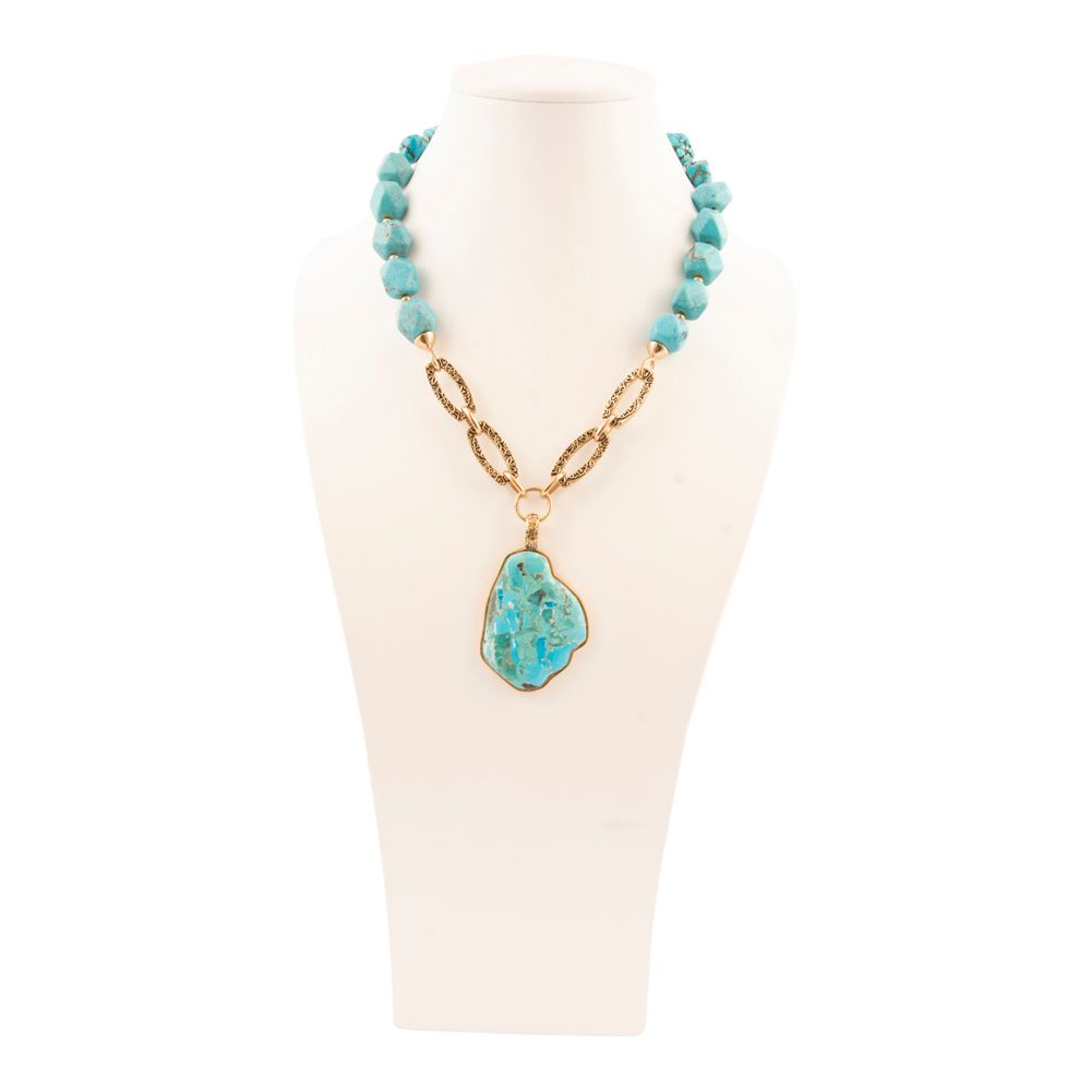 Thistle Blue Turquoise Golden Links Statement Necklace - Barse Jewelry