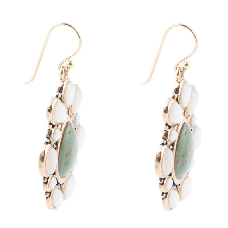 Green Turquoise and White Mother of Pearl Golden Bronze Drop Earrings - Barse Jewelry