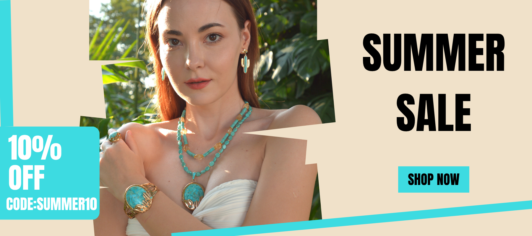 Woman wearing turquoise jewelry with 'Summer Sale' and 'Shop Now' text overlay.