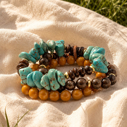 Earthbound Blue Turquoise Yellow Jasper Golden Bracelet Set: lifestyle background