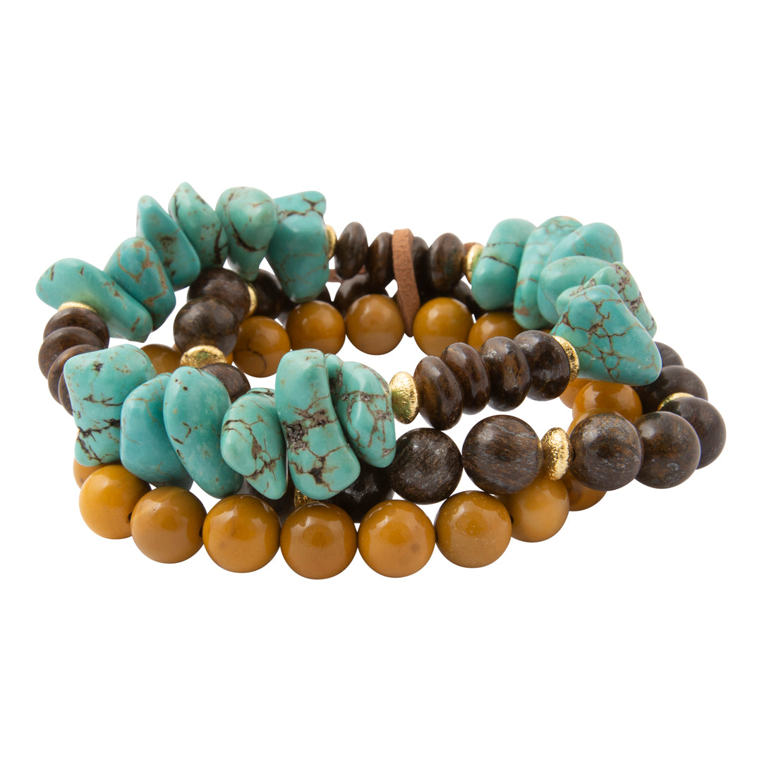 Earthbound Blue Turquoise Yellow Jasper Golden Bracelet Set: side view
