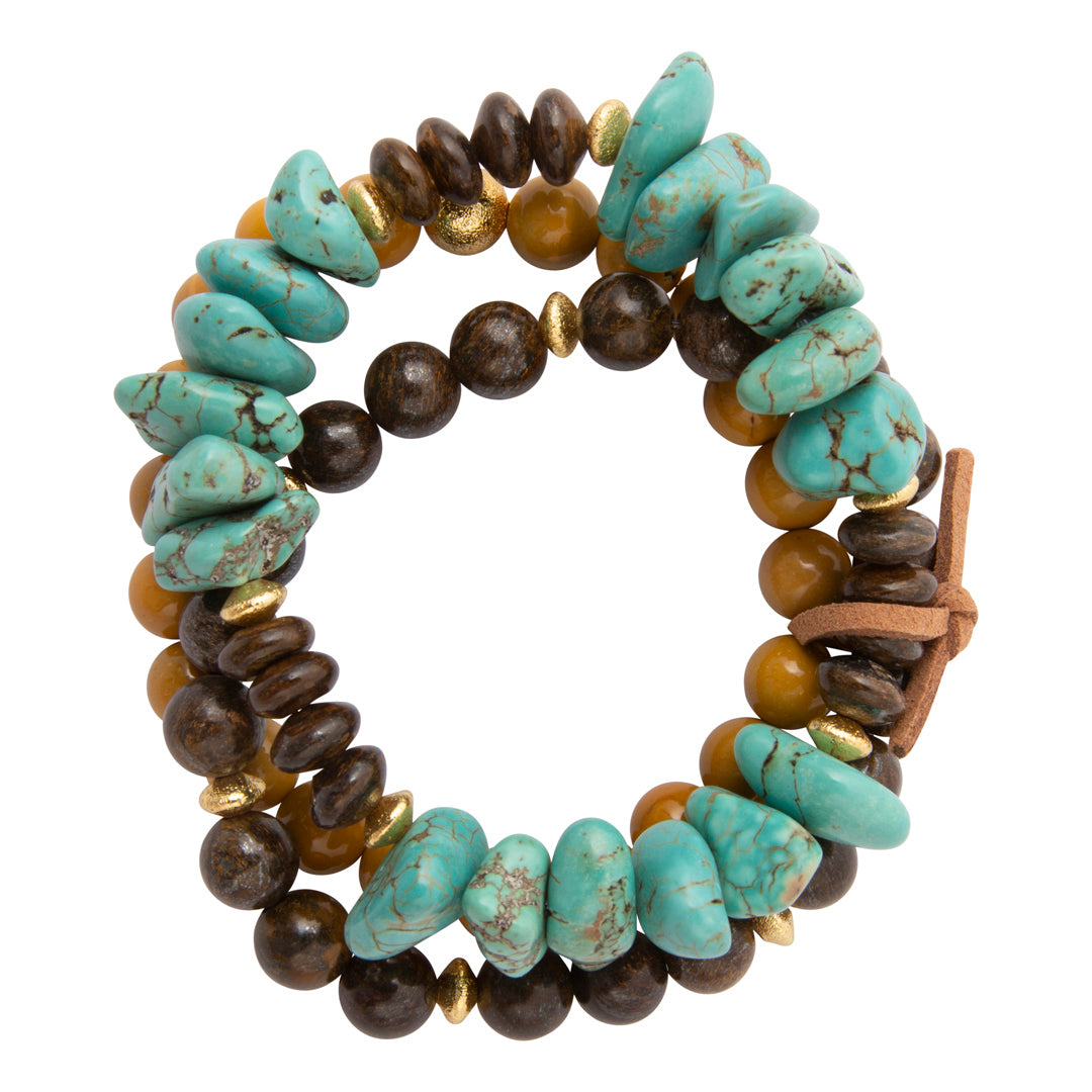 Earthbound Blue Turquoise Yellow Jasper Golden Bracelet Set: front white