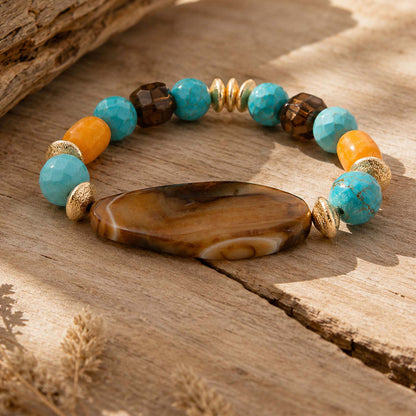 Earthbound Blue Turquoise Brown Agate Golden Chunky Bracelet