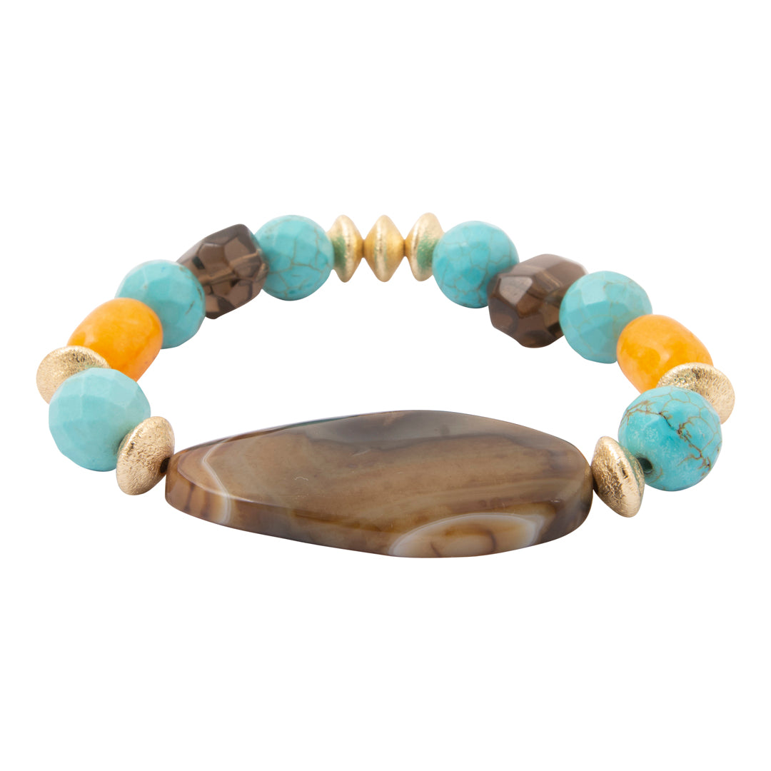 Earthbound Blue Turquoise Brown Agate Golden Chunky Bracelet