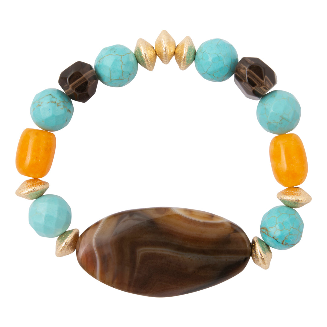 Earthbound Blue Turquoise Brown Agate Golden Chunky Bracelet