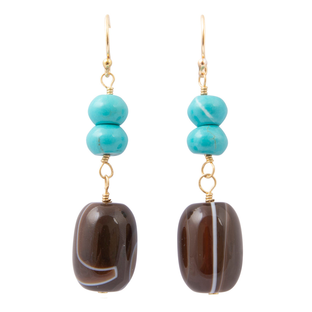 A pair of gold-tone dangle earrings featuring two stacked turquoise beads at the top and a large, polished dark brown agate bead at the bottom, shown against a plain white background.