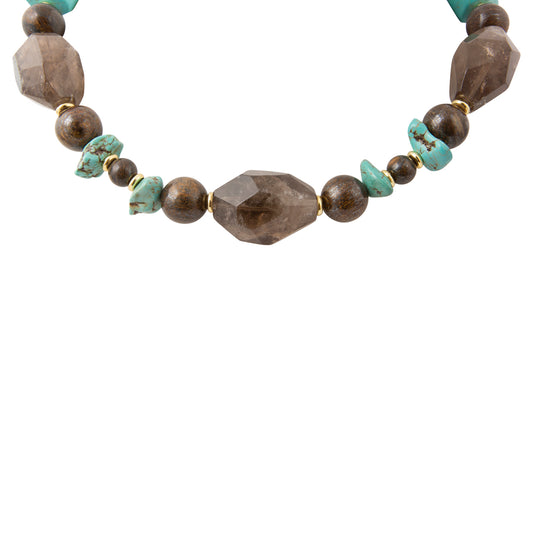 Close-up of Barse Earthbound smoky quartz, magnesite, yellow jasper and bronzite necklace beads