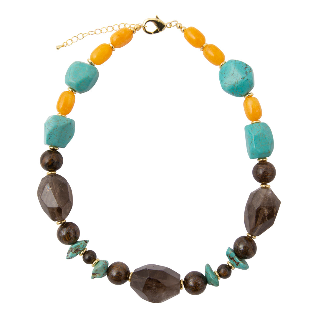 Flat view of Barse Earthbound smoky quartz mixed-stone statement necklace with gold-tone accents