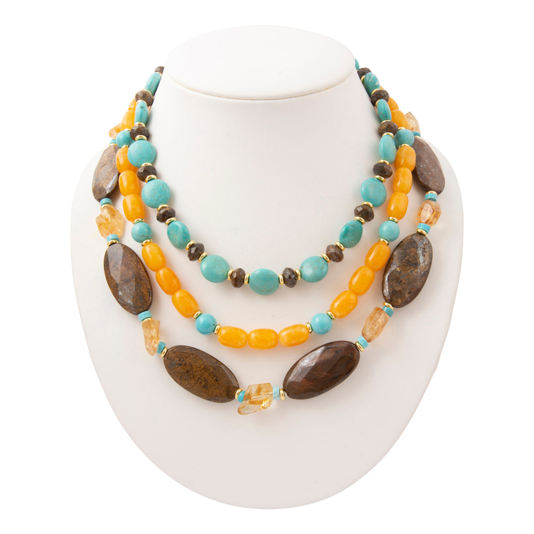 Earthbound Blue Turquoise Brown Bronzite Golden Statement Necklace