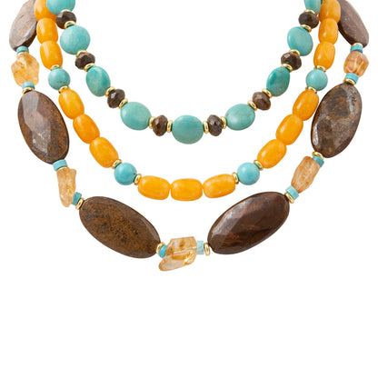 Earthbound Blue Turquoise Brown Bronzite Golden Statement Necklace
