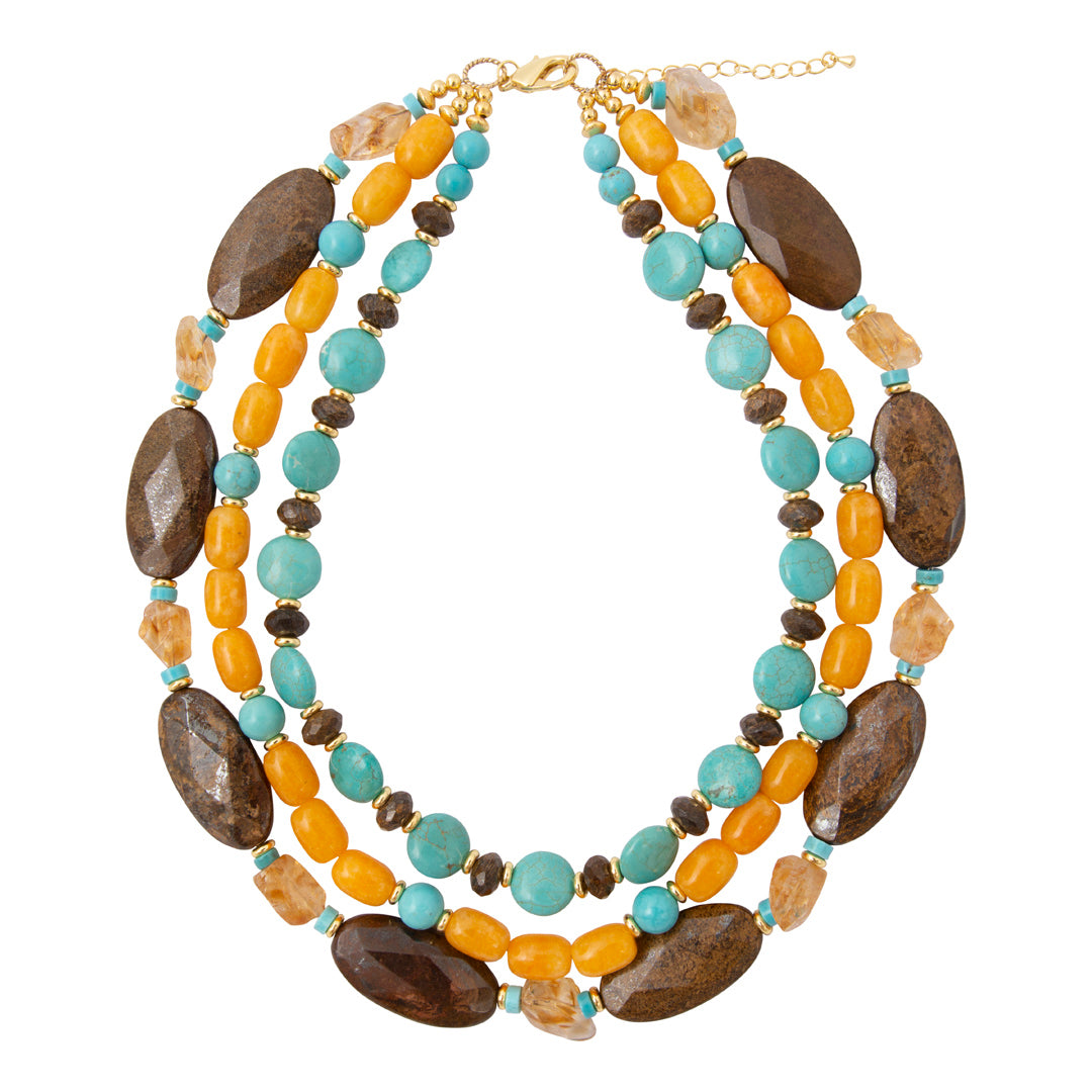 Earthbound Blue Turquoise Brown Bronzite Golden Statement Necklace