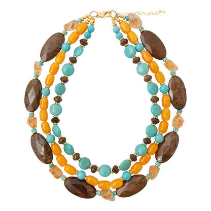 Earthbound Blue Turquoise Brown Bronzite Golden Statement Necklace