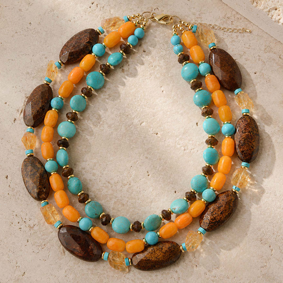 Earthbound Blue Turquoise Brown Bronzite Golden Statement Necklace