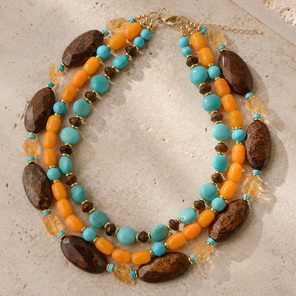 Earthbound Blue Turquoise Brown Bronzite Golden Statement Necklace