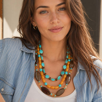 Earthbound Blue Turquoise Brown Bronzite Golden Statement Necklace