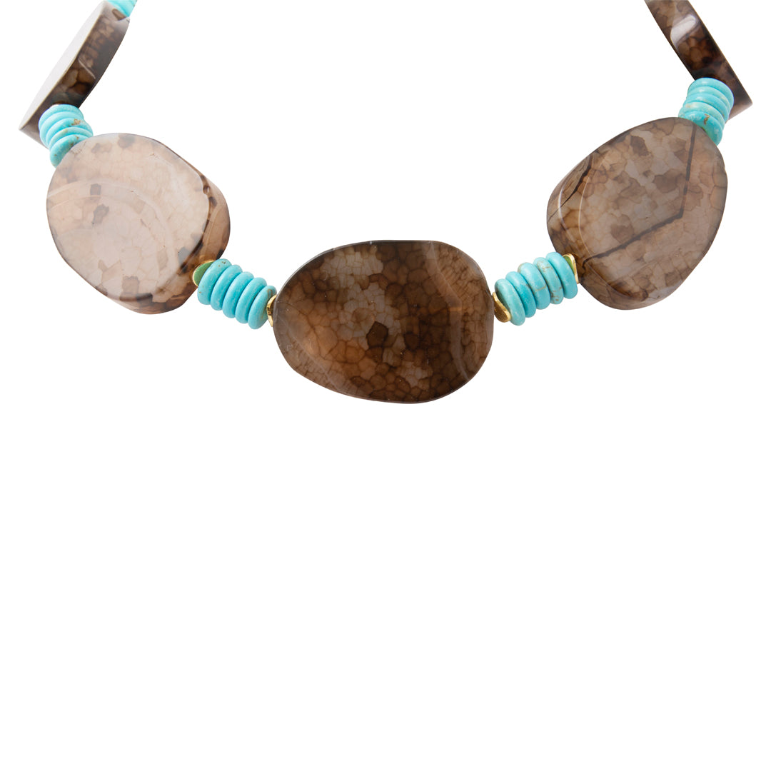 A beaded necklace featuring three polished brown stone beads with natural marbled patterns, separated by small turquoise spacers with gold-end spacers, shown against a plain white background.