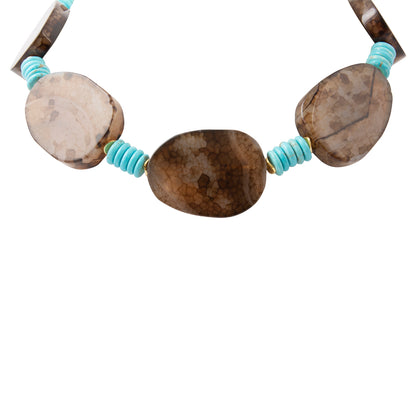 A beaded necklace featuring three polished brown stone beads with natural marbled patterns, separated by small turquoise spacers with gold-end spacers, shown against a plain white background.