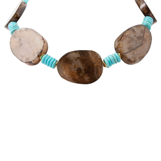 A beaded necklace featuring three polished brown stone beads with natural marbled patterns, separated by small turquoise spacers with gold-end spacers, shown against a plain white background.
