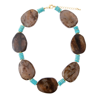 A statement necklace featuring seven polished brown stone beads with natural marbled patterns, separated by small turquoise spiral spacers and gold-toned hardware.
