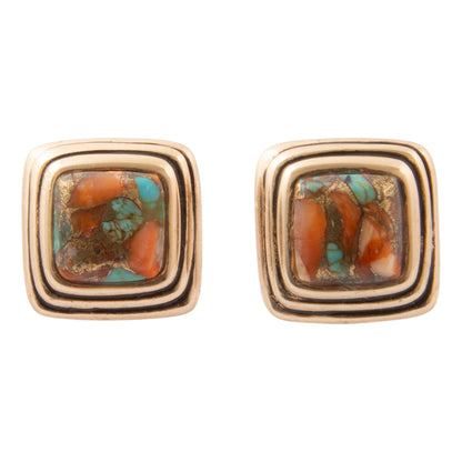 A pair of square stud earrings with concentric triple-band gold-toned borders and a central inlay featuring orange-brown and turquoise marbled stone.