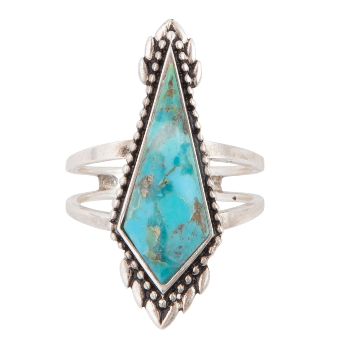 Silver ring with a turquoise stone on a white background