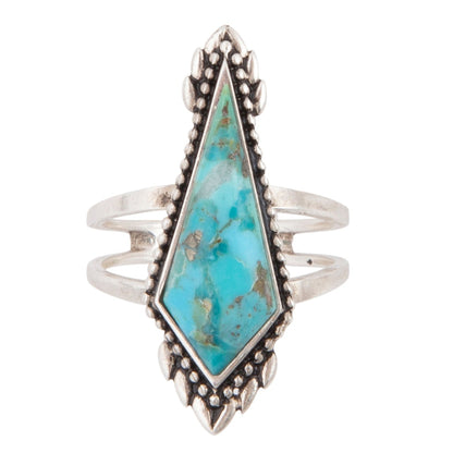 Silver ring with a turquoise stone on a white background