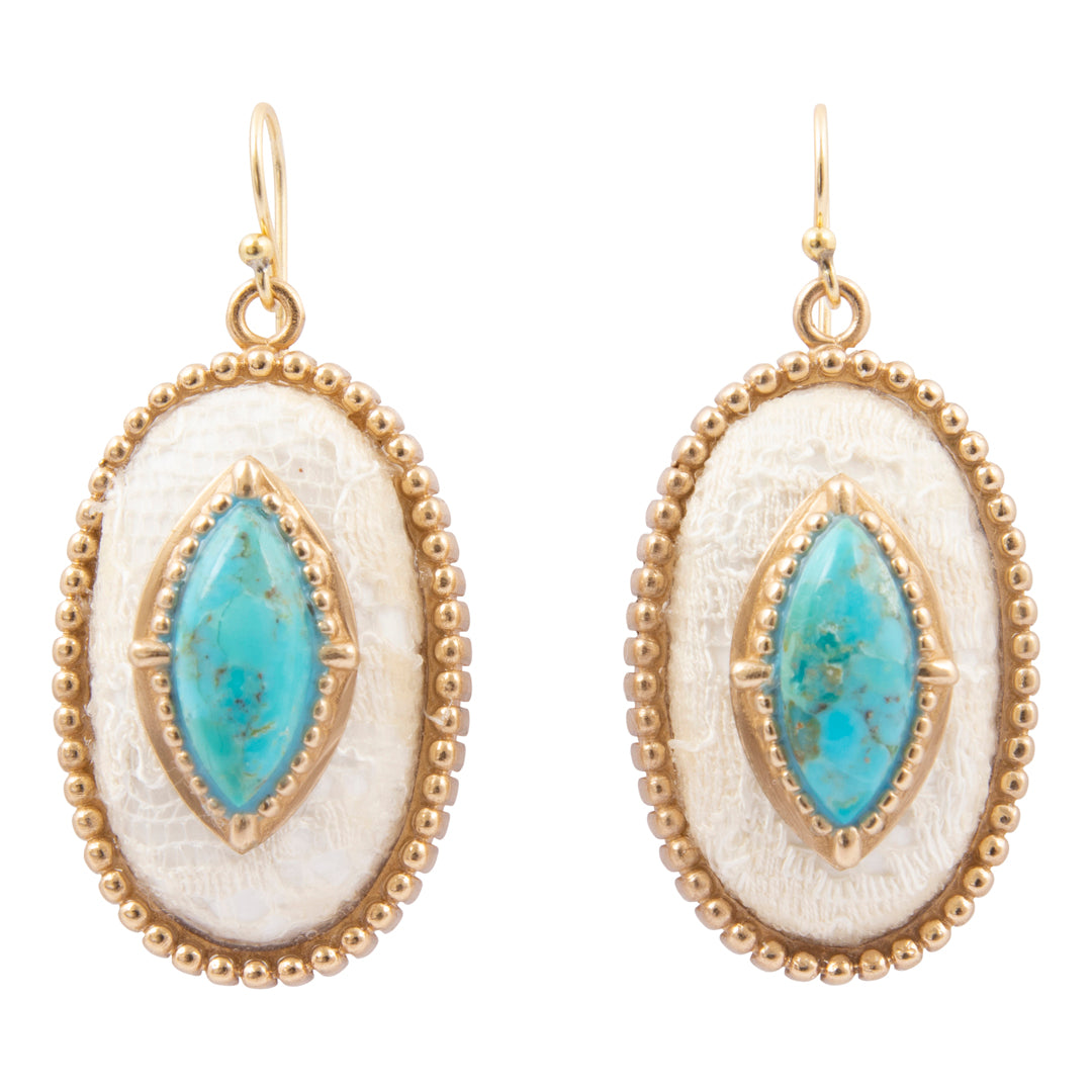 Pair of earrings with turquoise stones and gold accents on a white background