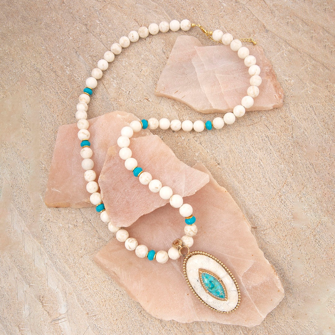 Blue Turquoise and Lace Golden Statement Necklace