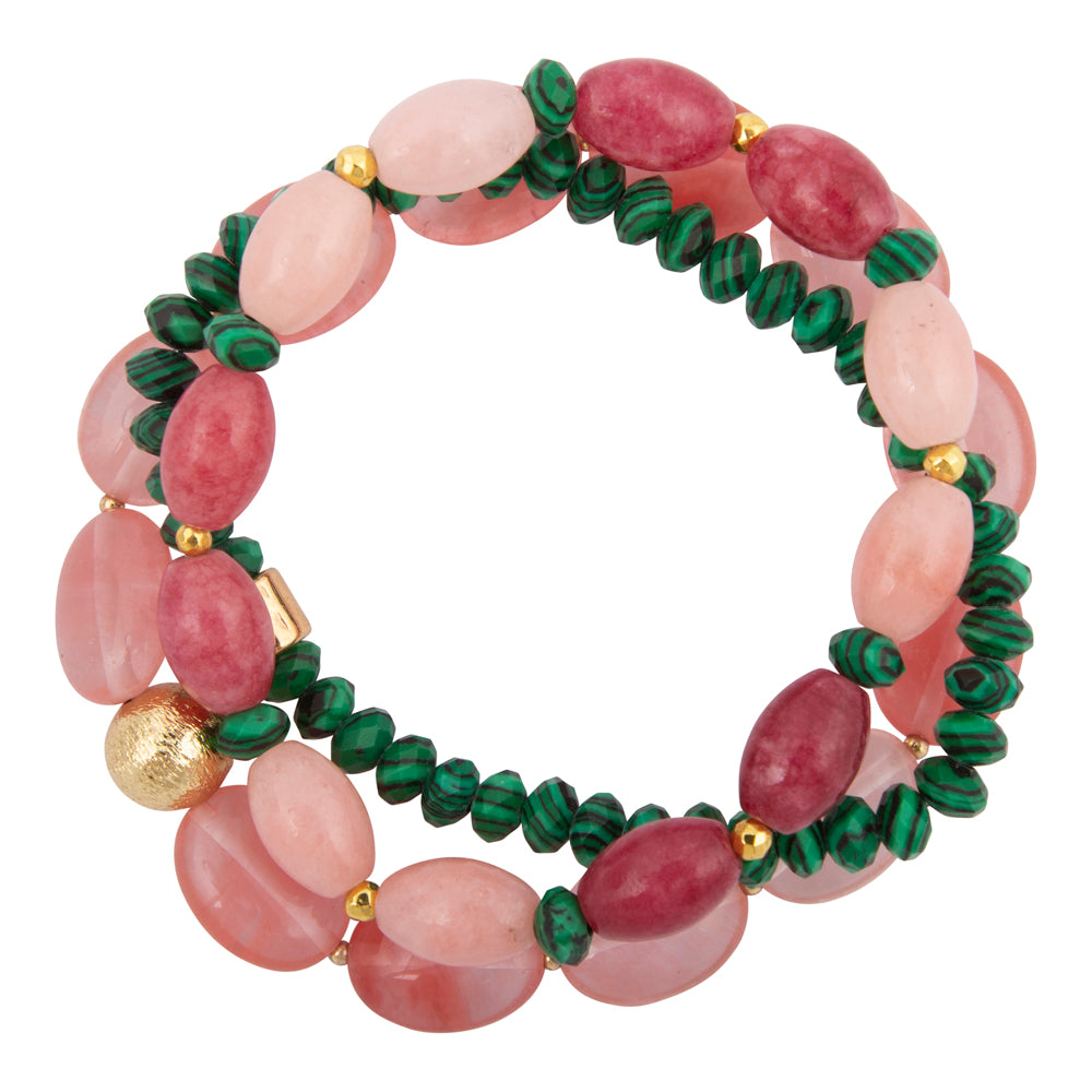 Beaded bracelet with pink and green beads on a white background