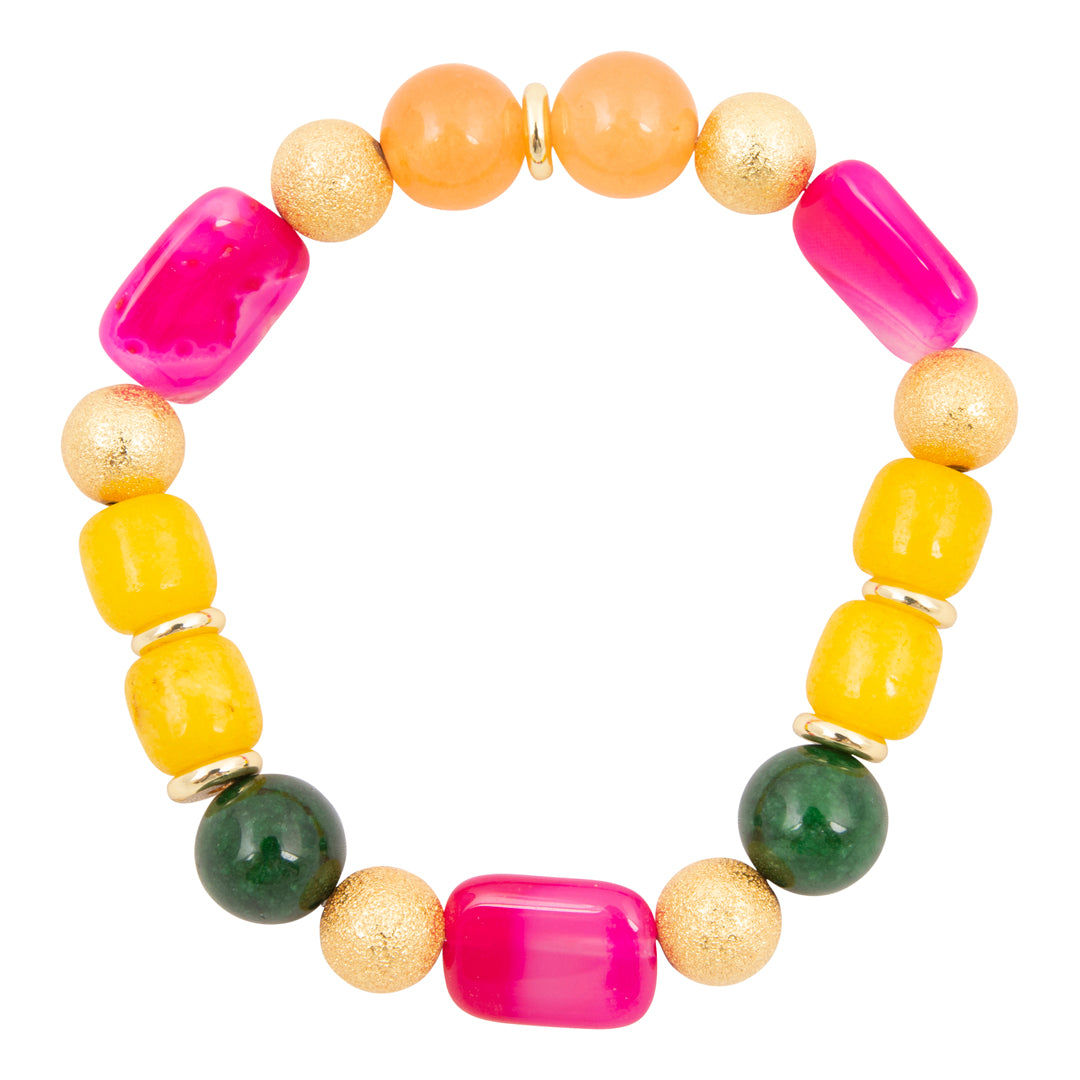 Colorful beaded bracelet with pink, yellow, green, and gold beads on a white background